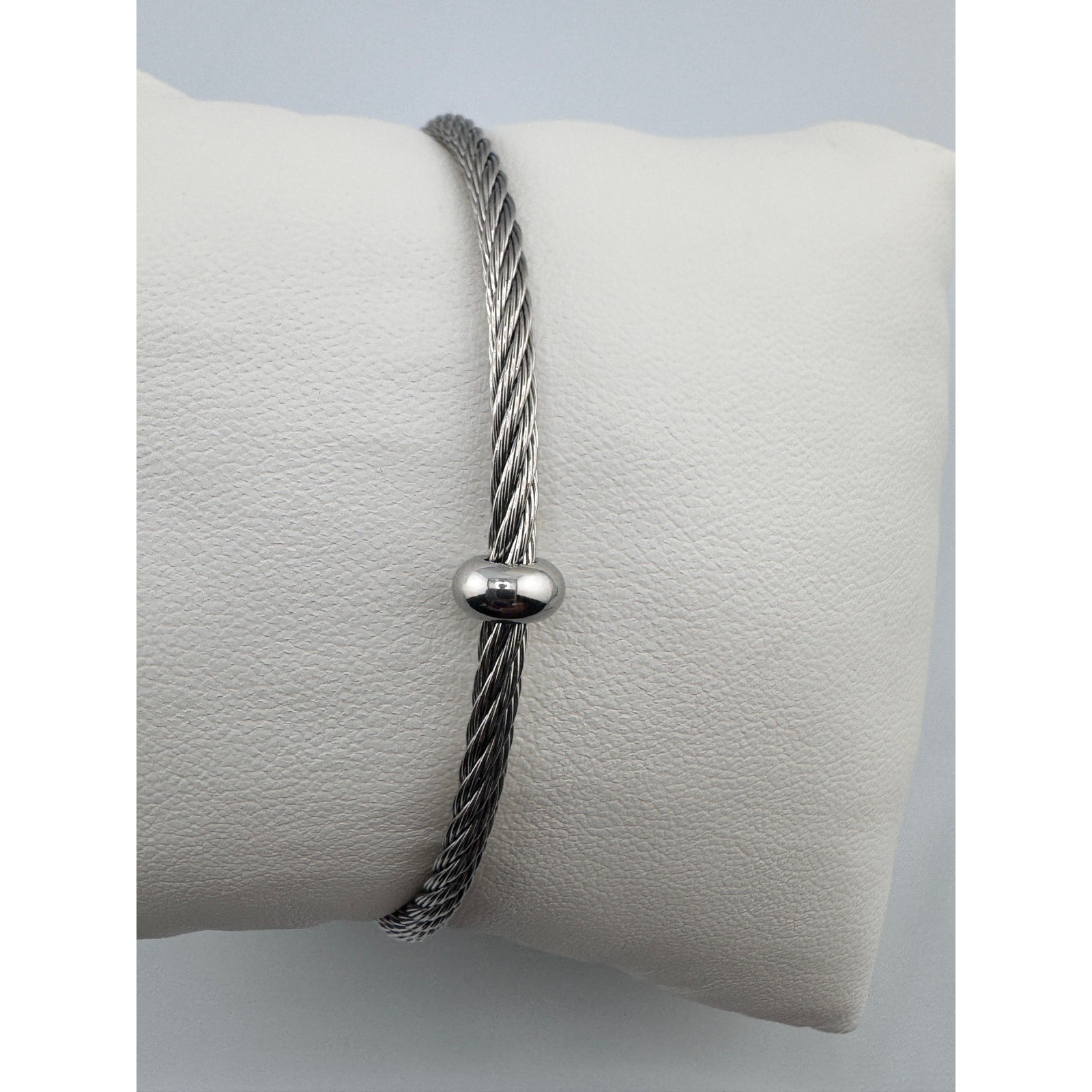 Silver Cable Cuff Bracelet Red Stone End Caps Twisted Wire NEW