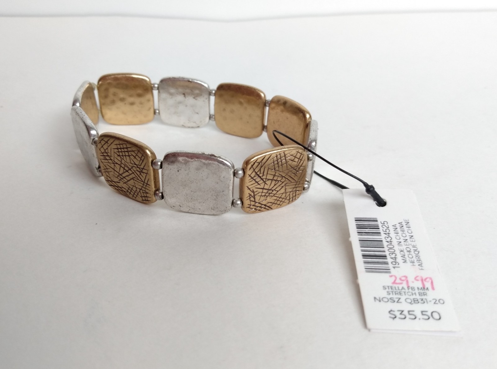 Chico’s Stella Silver Gold Tone Textured Squares Stretchy Bracelet New NWT