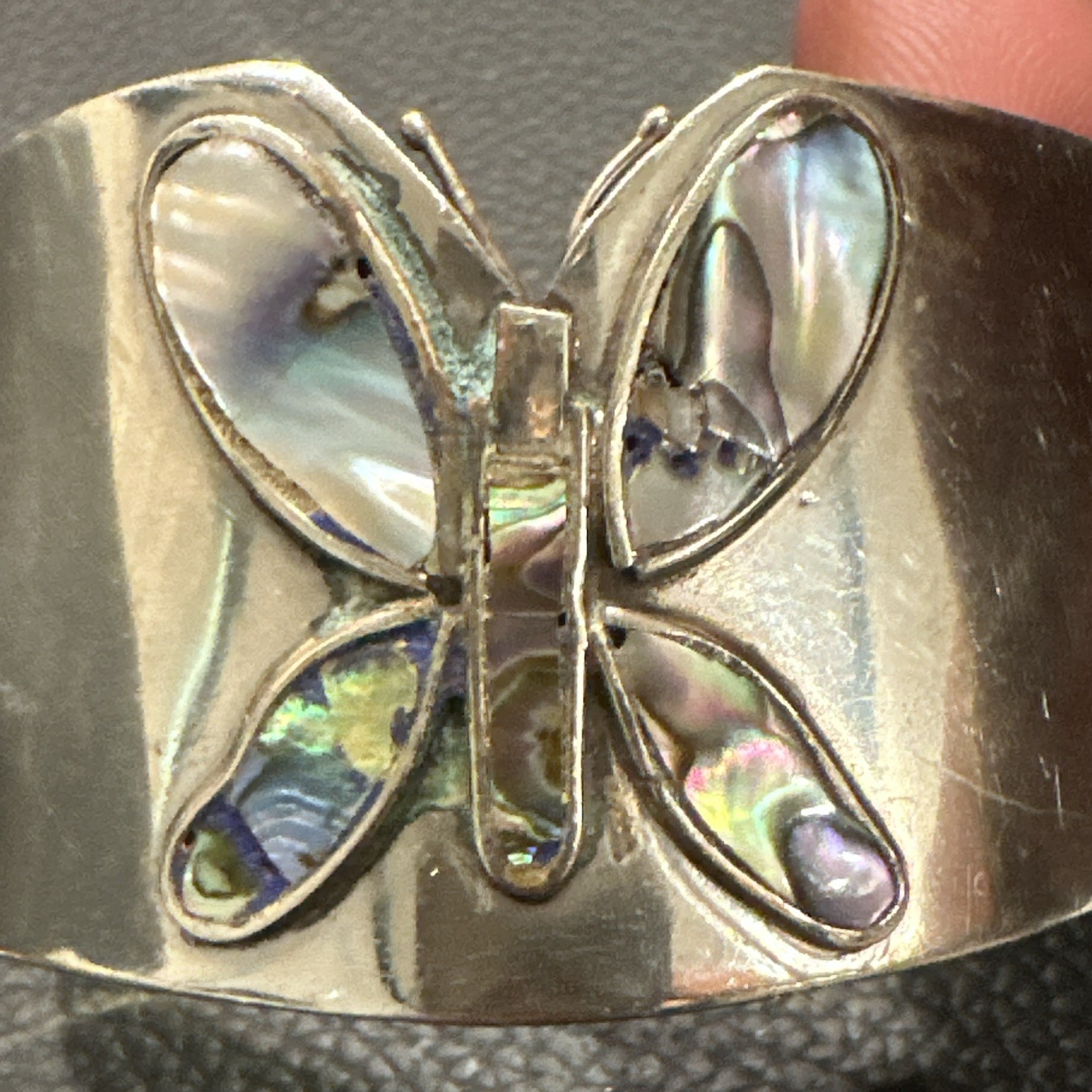 Silver-Tone Butterfly Cuff Bracelet w/ Abalone Inlay Signed Sizable Mexico