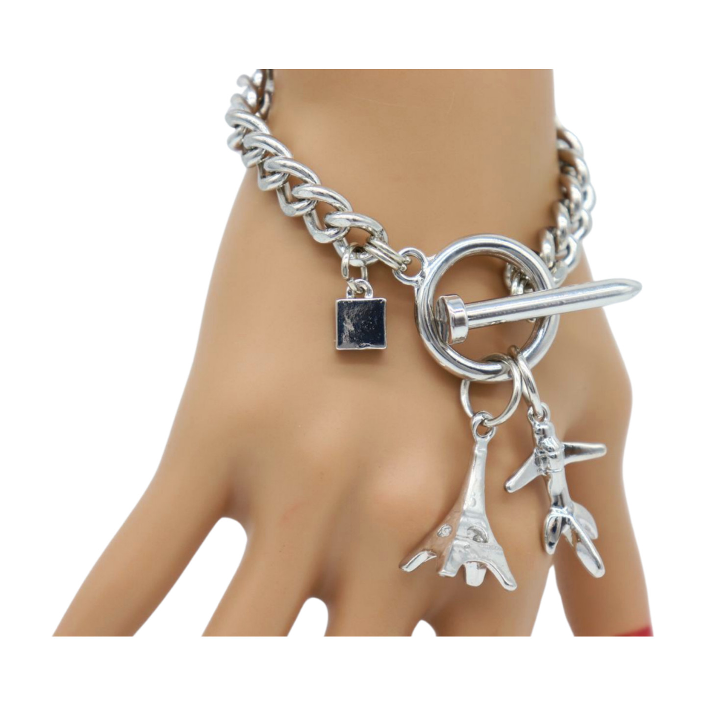 Women Silver Metal Chain Links Wrist Bracelet Airplane Eifel Tower Charms France