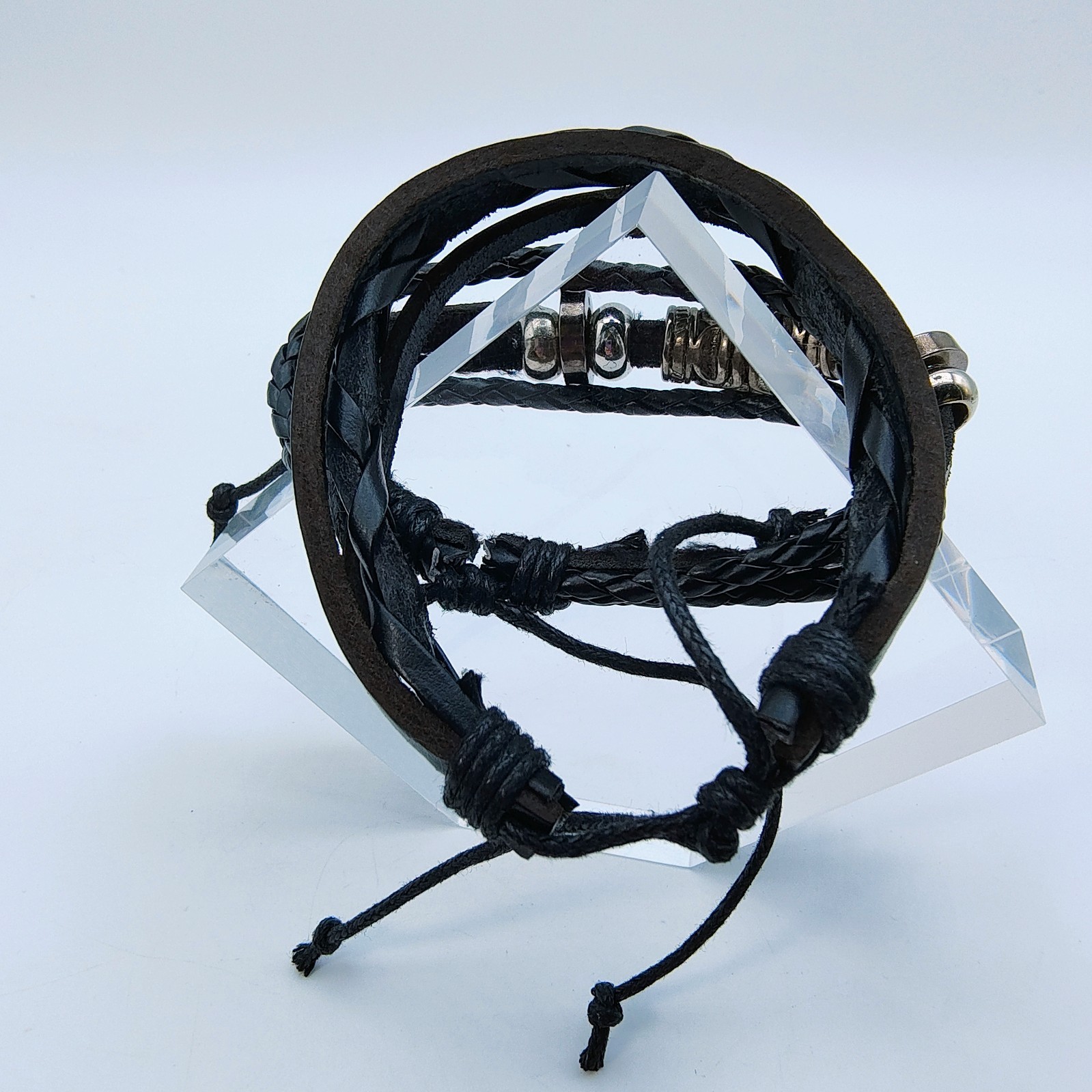 Black Faux Leather Bracelet Set of 2 Silver Tone Scroll Y2K Rock Indie Grunge