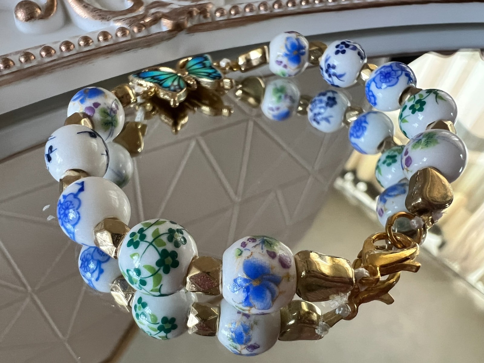 handmade women butterfly flower stone bracelet non elastic with golden zip