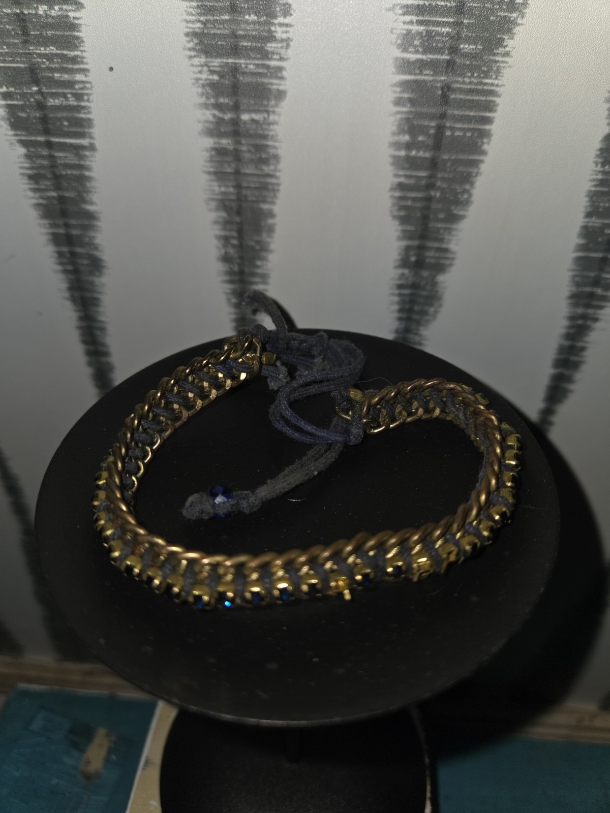 Curb Chain Bolo Bracelet Gold Tone Metal & Blue Cord Adjustable Sizable