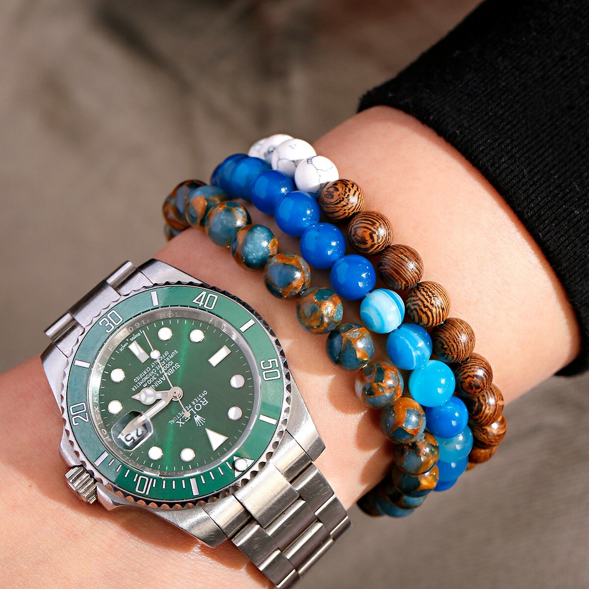 3PCS Men Women Natural Gemstone Handmade Wood 8mm Round Beads Stretch Bracelets