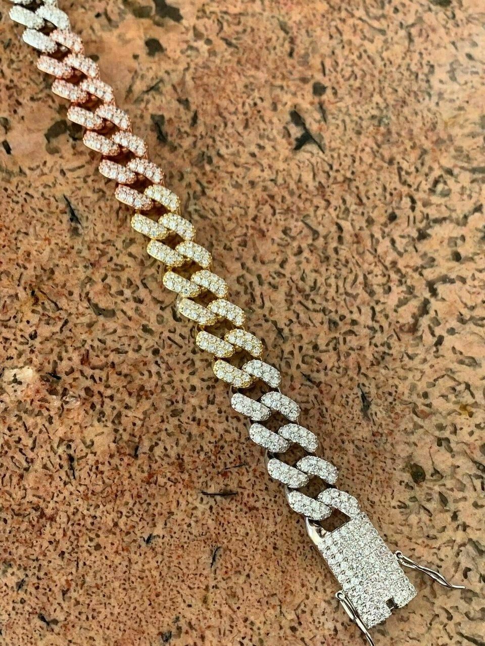 Miami Cuban Link Bracelet Tri Color Plated 925 Silver Rose Yellow Gold CZ