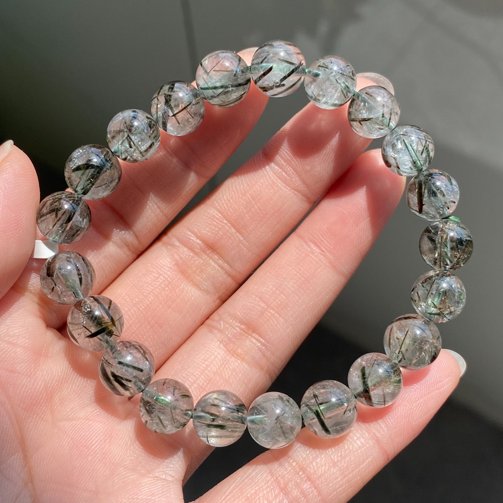 9mm Natural Green Tourmaline Rutilated Quartz Crystal Beads Bracelet 016