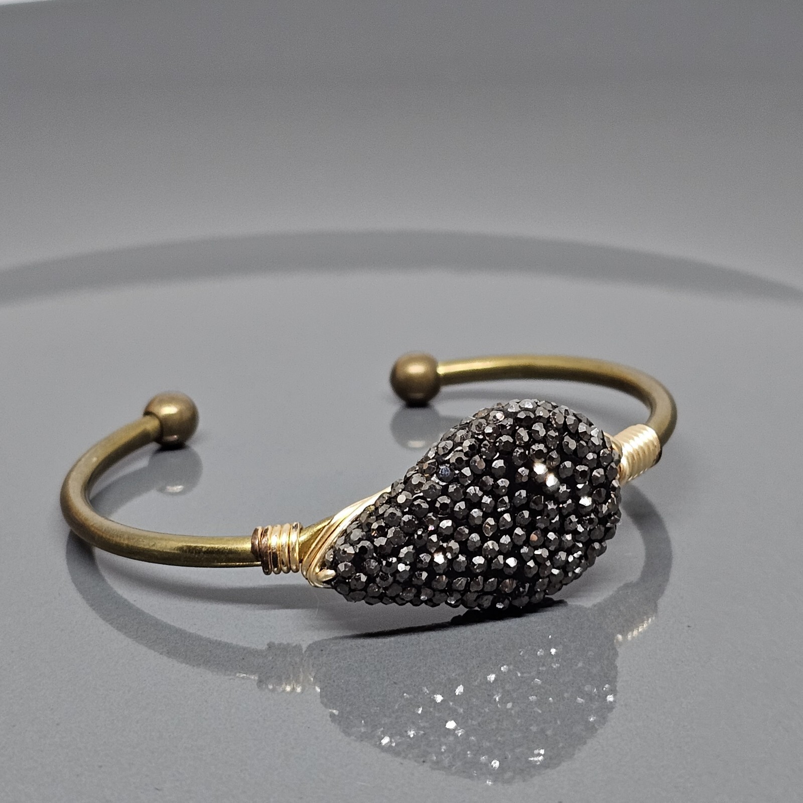 Cluster Black Rhinestone Brass Tone Bracelet Open Cuff Bangle for Small Wrist