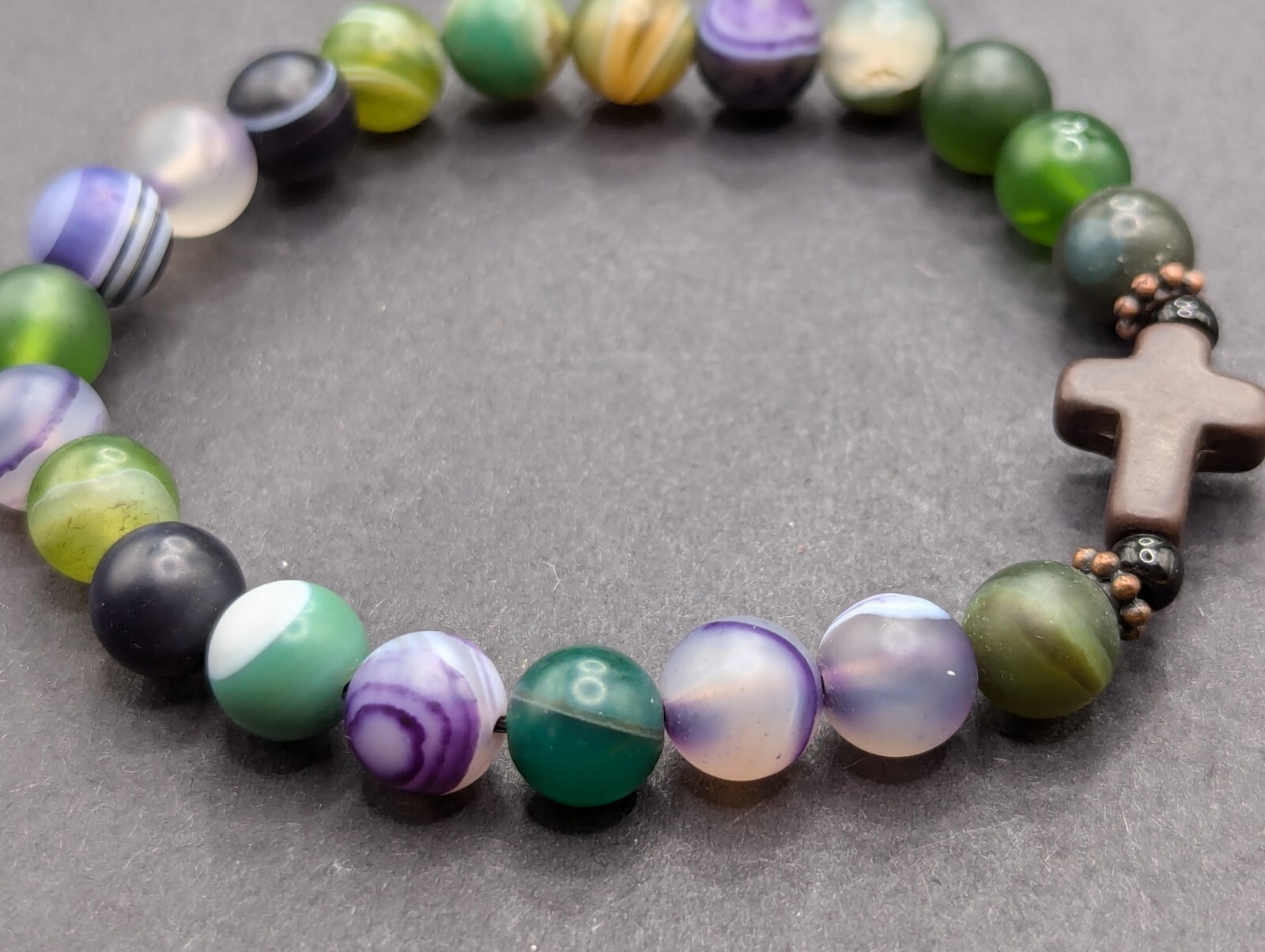 Women’s Cross Focal Colorful Agate Beaded Stretch Bracelet (17cm) S/M Wrist