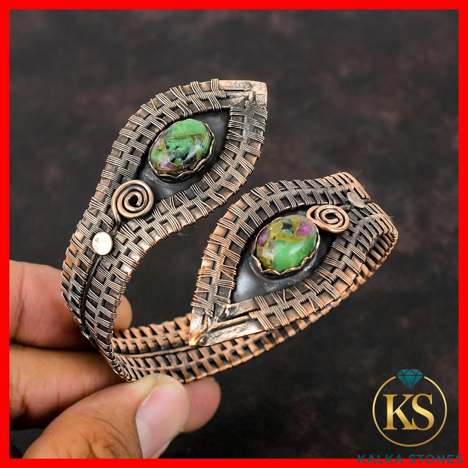 Oval Copper Ruby Zoisite Stone Copper Mother Wire Wrapped Elegant Wedding Bangle
