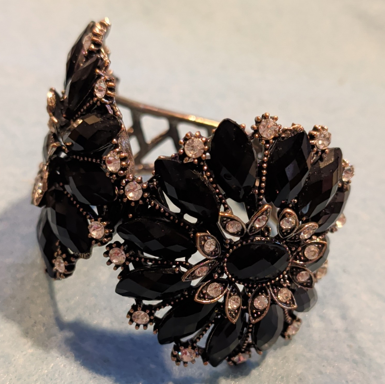 Black Crystal Rhinestone Flower Hinged Cuff Bracelet Silver Tone Prong Set