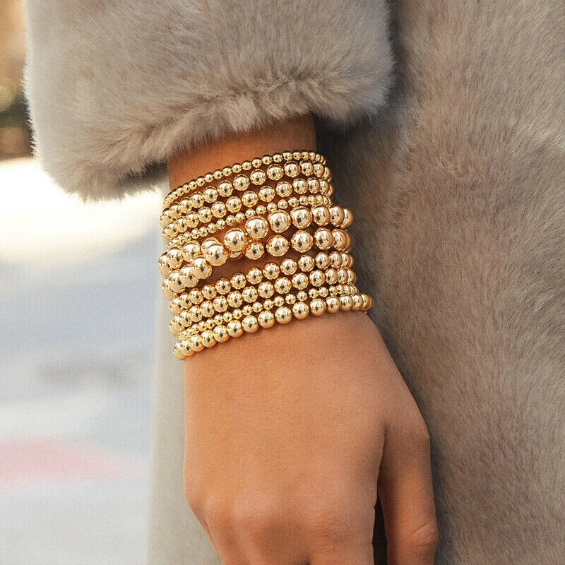 3mm 4mm 6mm 8mm Women Men 18k Gold Filled Bead Elastic Bracelet Bohemian Jewelry