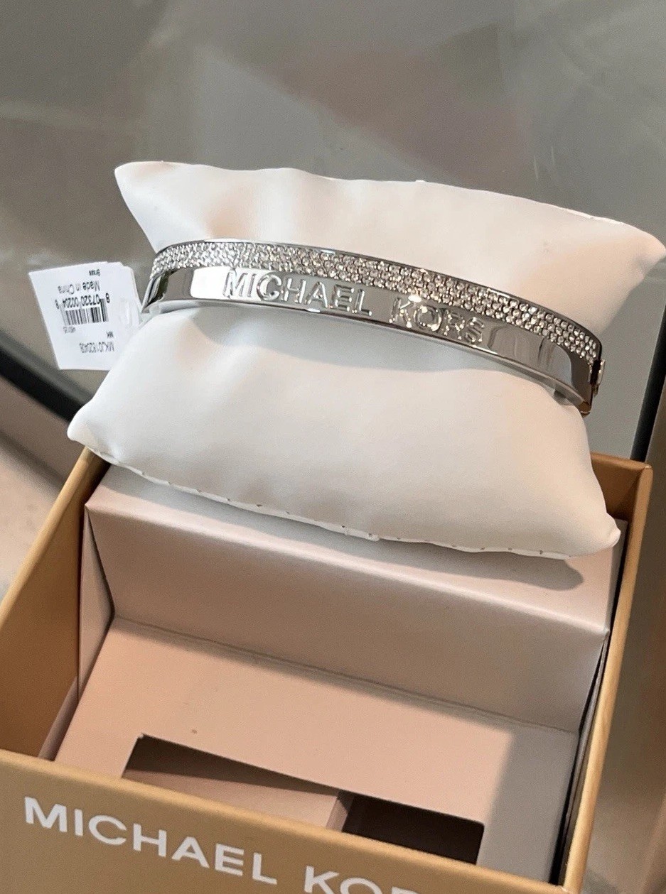 Michael Kors Silver Tone Stainless Steel Pavé Crystal Logo Hinged Bangle