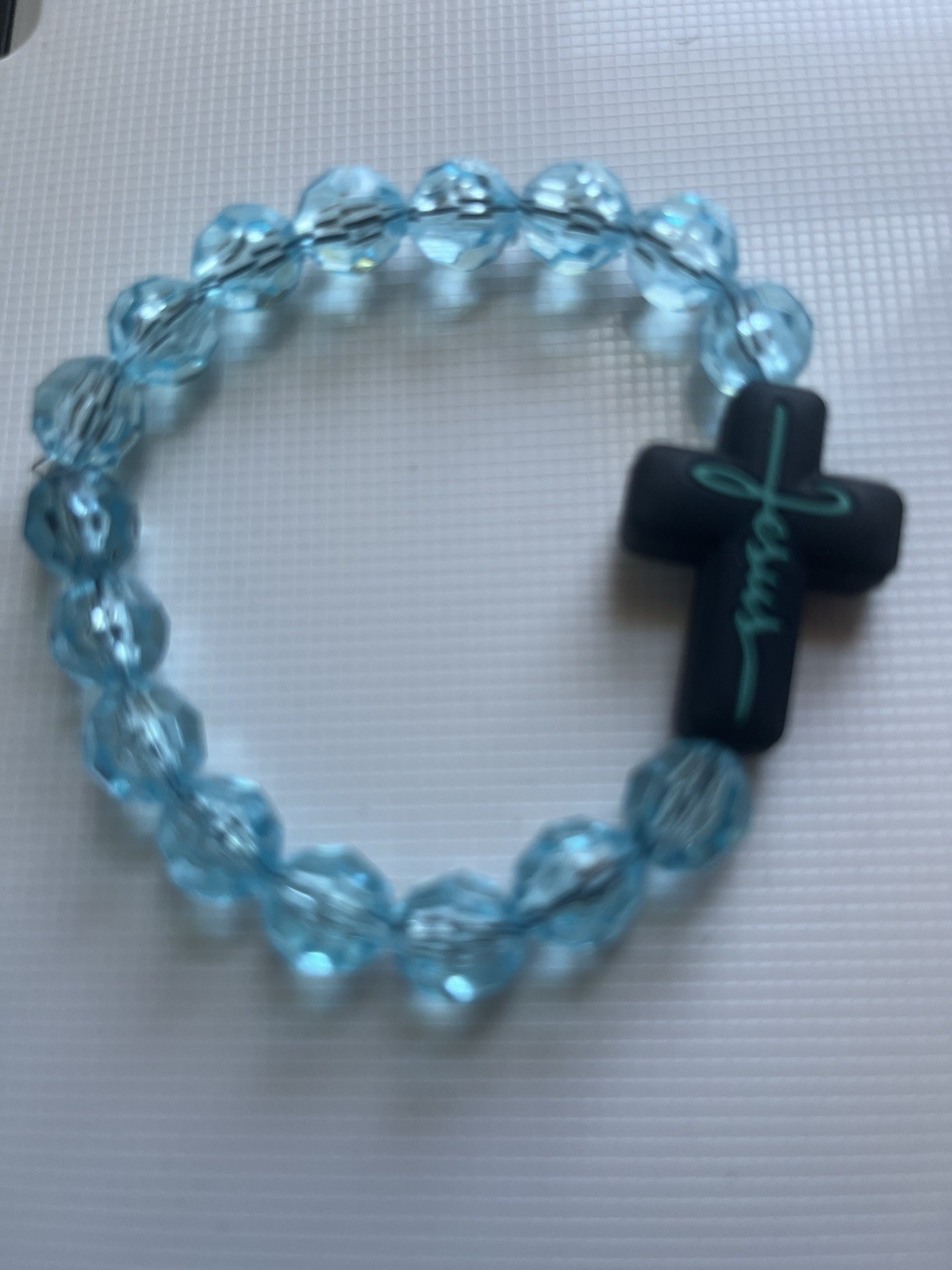 Blue Round Crystal Beaded Stretch Bracelet with Black Dangle Cross Charm