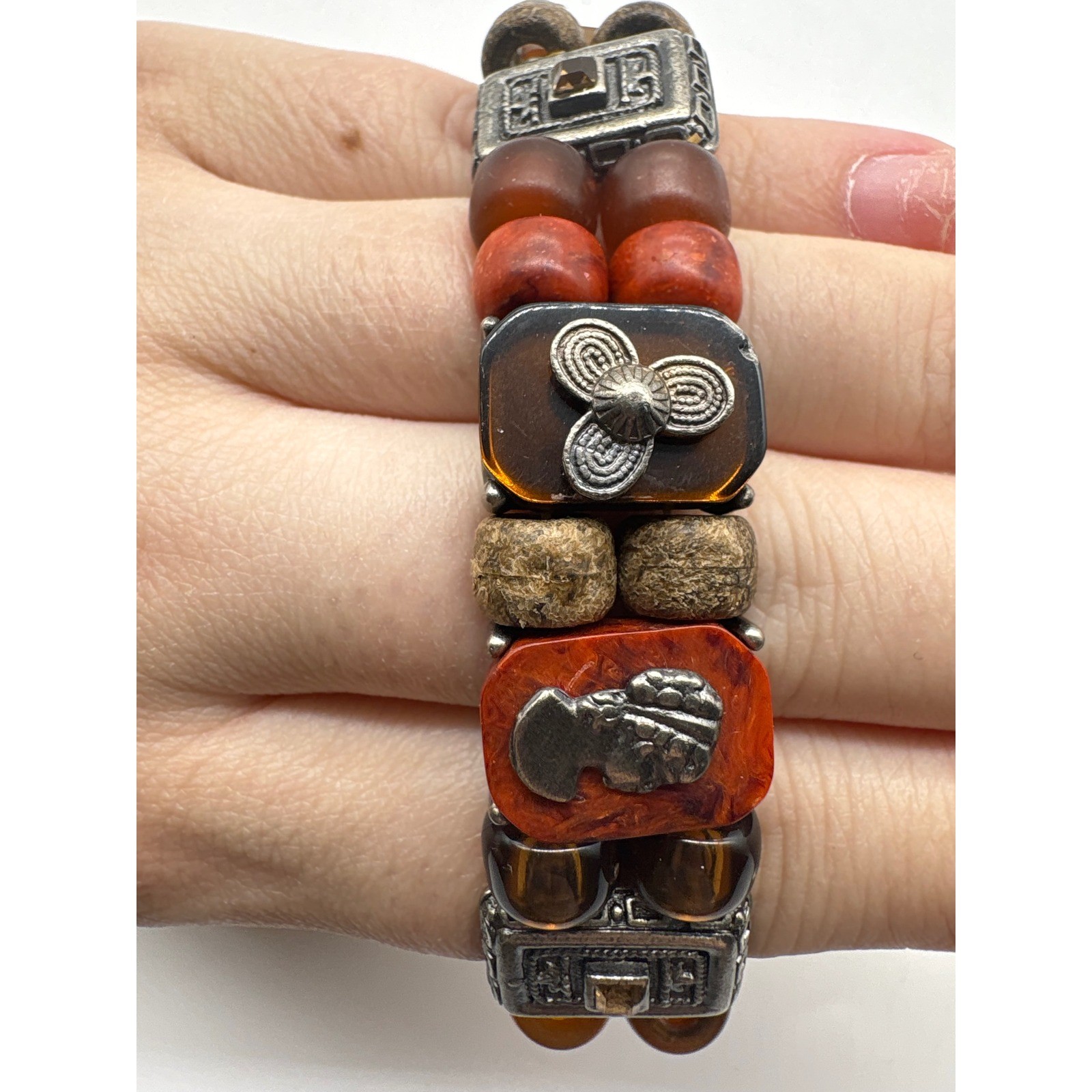 Bohemian Mixed Media Stretch Bracelet Silver Cameo Wood Resin Beads Brown Orange