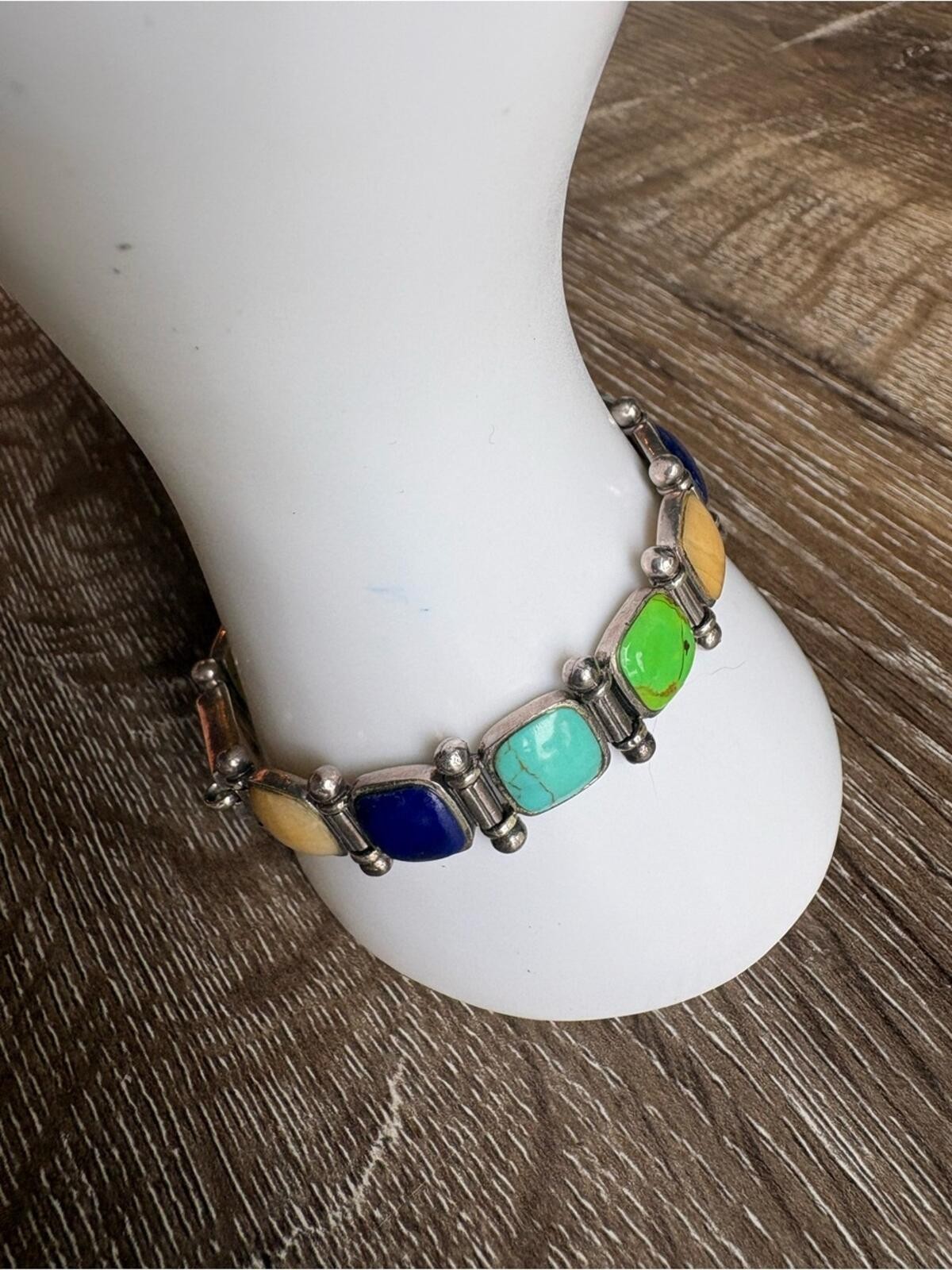 Thailand Sterling Silver Multicolor Stone Inlay Link Bracelet