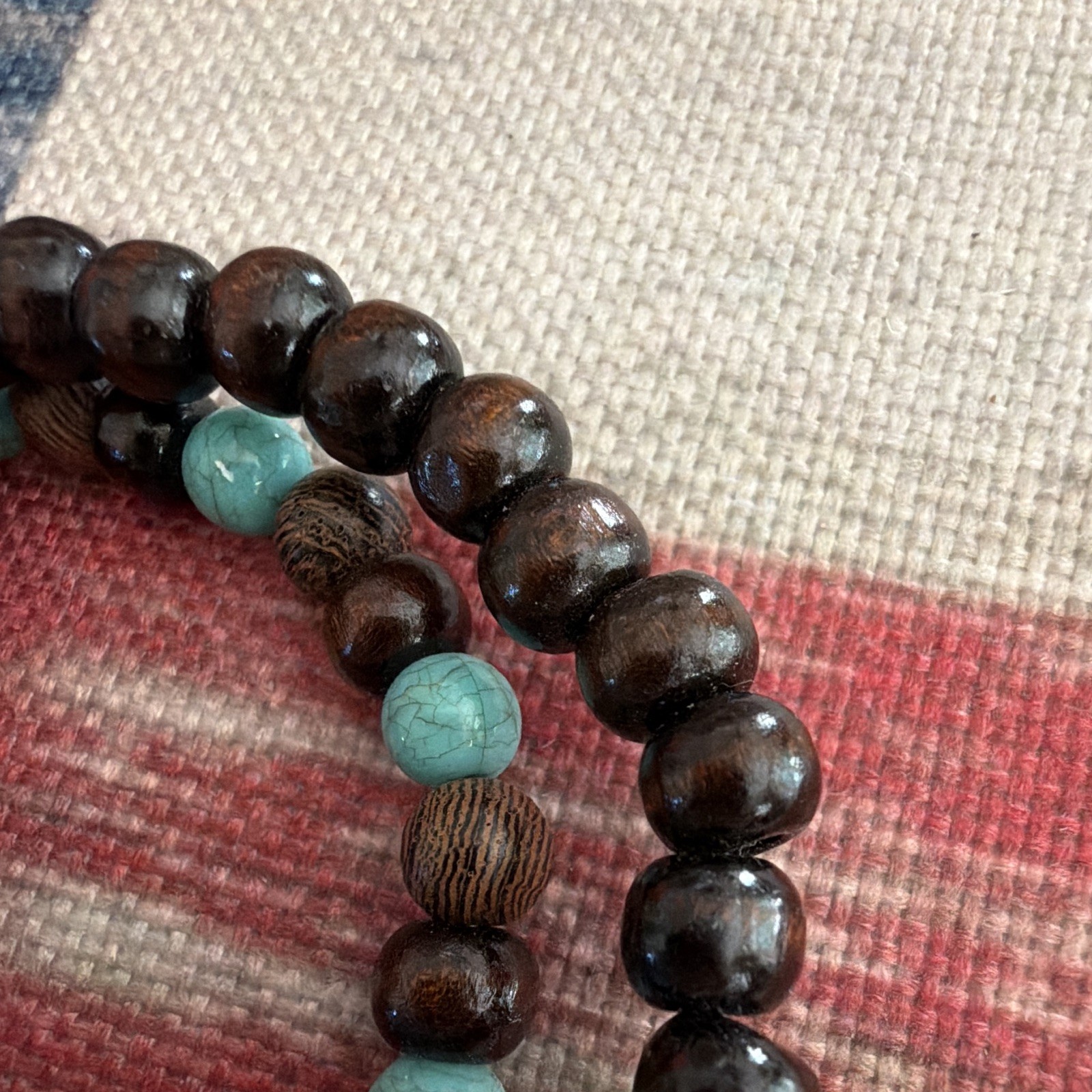 Set of 2 Brown Wood & Turquoise-Color Round Beaded Stretch Stackable Bracelets