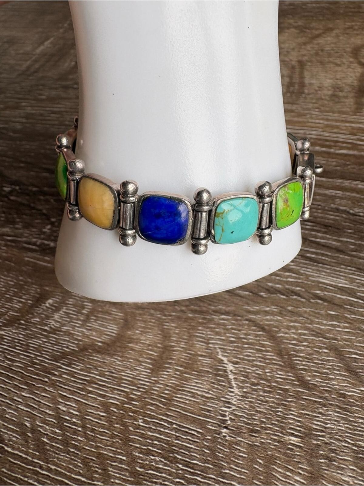 Thailand Sterling Silver Multicolor Stone Inlay Link Bracelet