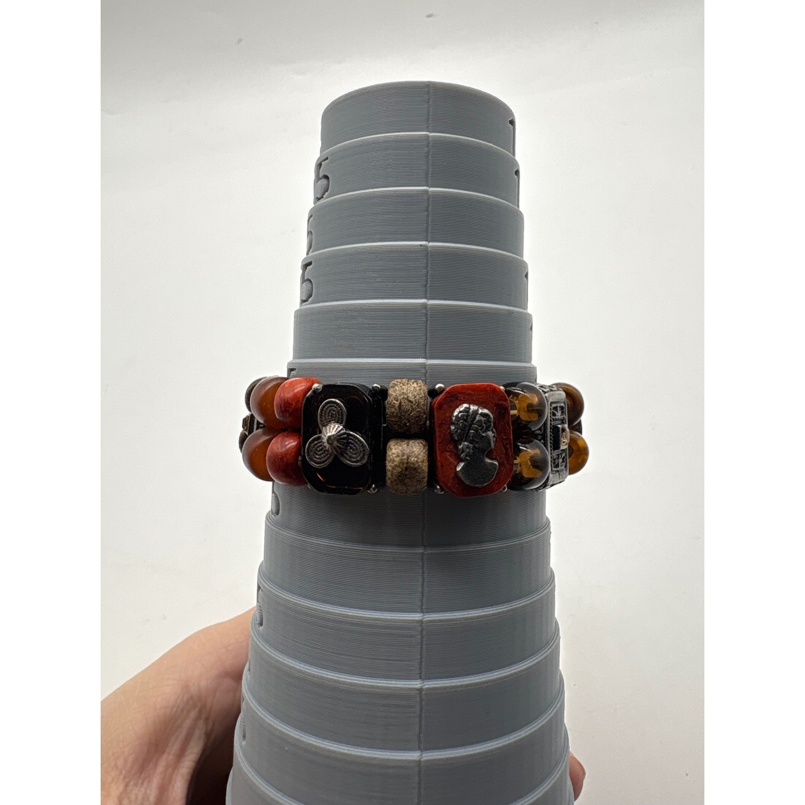 Bohemian Mixed Media Stretch Bracelet Silver Cameo Wood Resin Beads Brown Orange