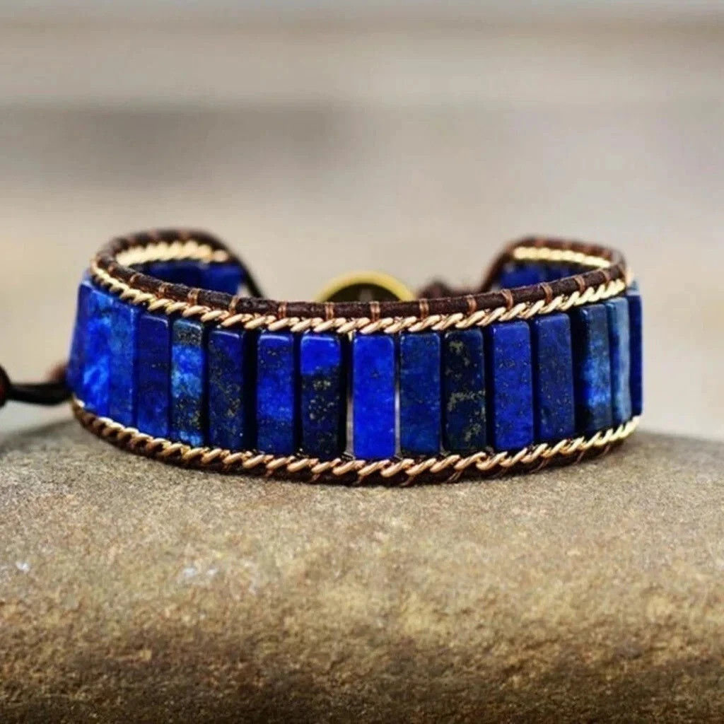 Natural Lapis Lazuli Tube Beads Genuine Leather Handmade Women Men Bracelet Gift