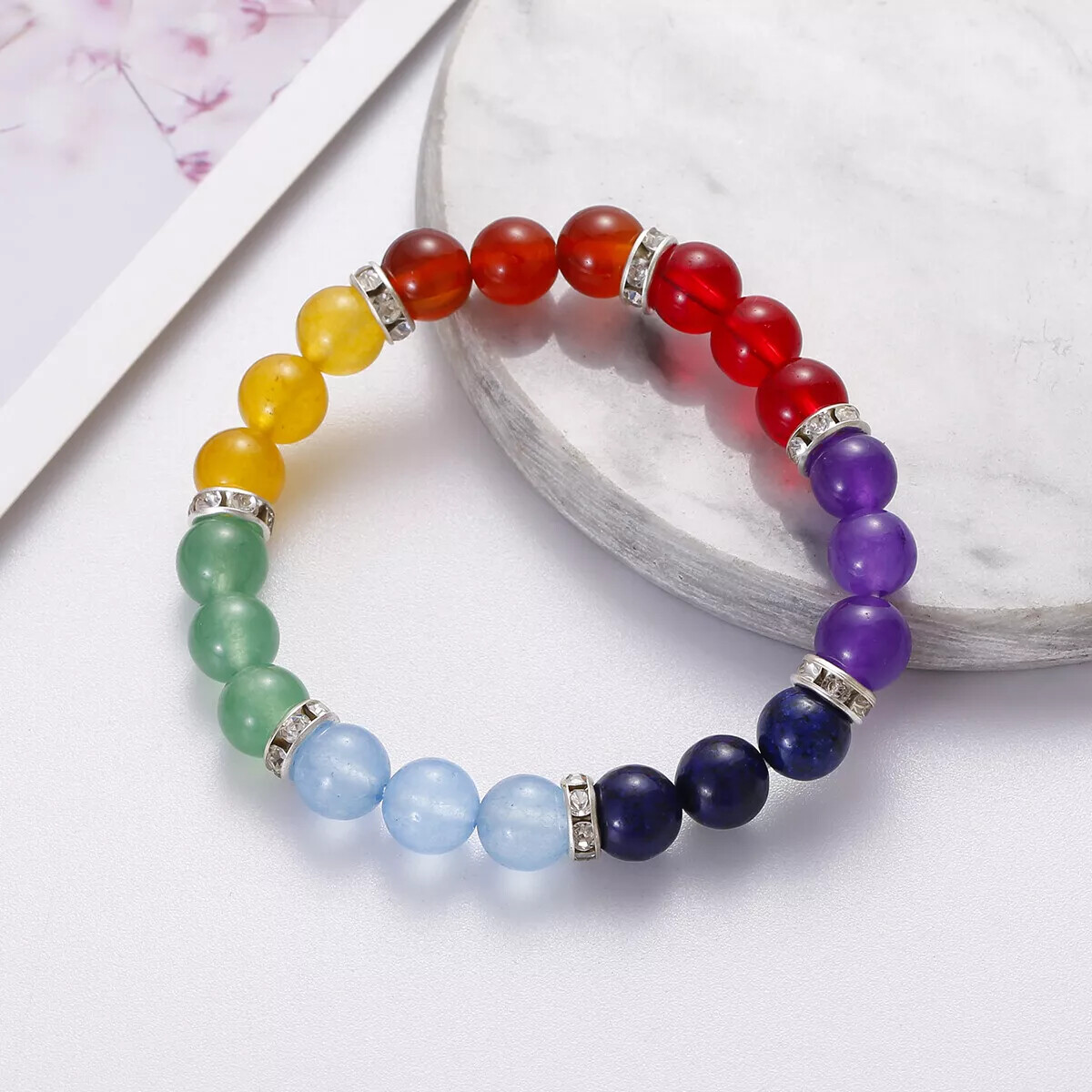 Rainbow 8mm Bead Gems 7 Chakra Bracelet Healing Crystal Meditation Yoga Jewelry