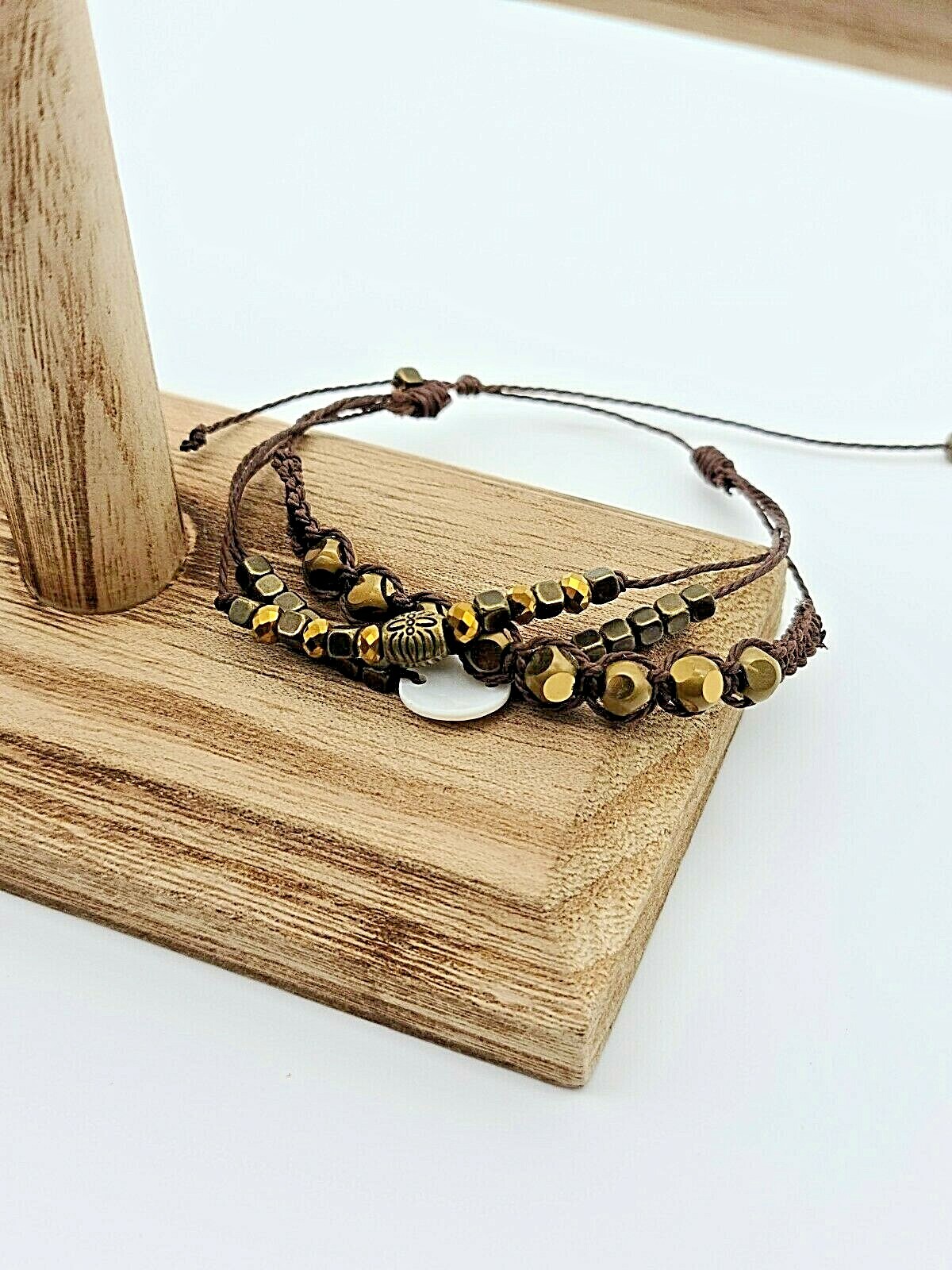 Antique Bronze Beaded Multi-Strand Pull-Tie Bracelet w Brown Waxed Cord