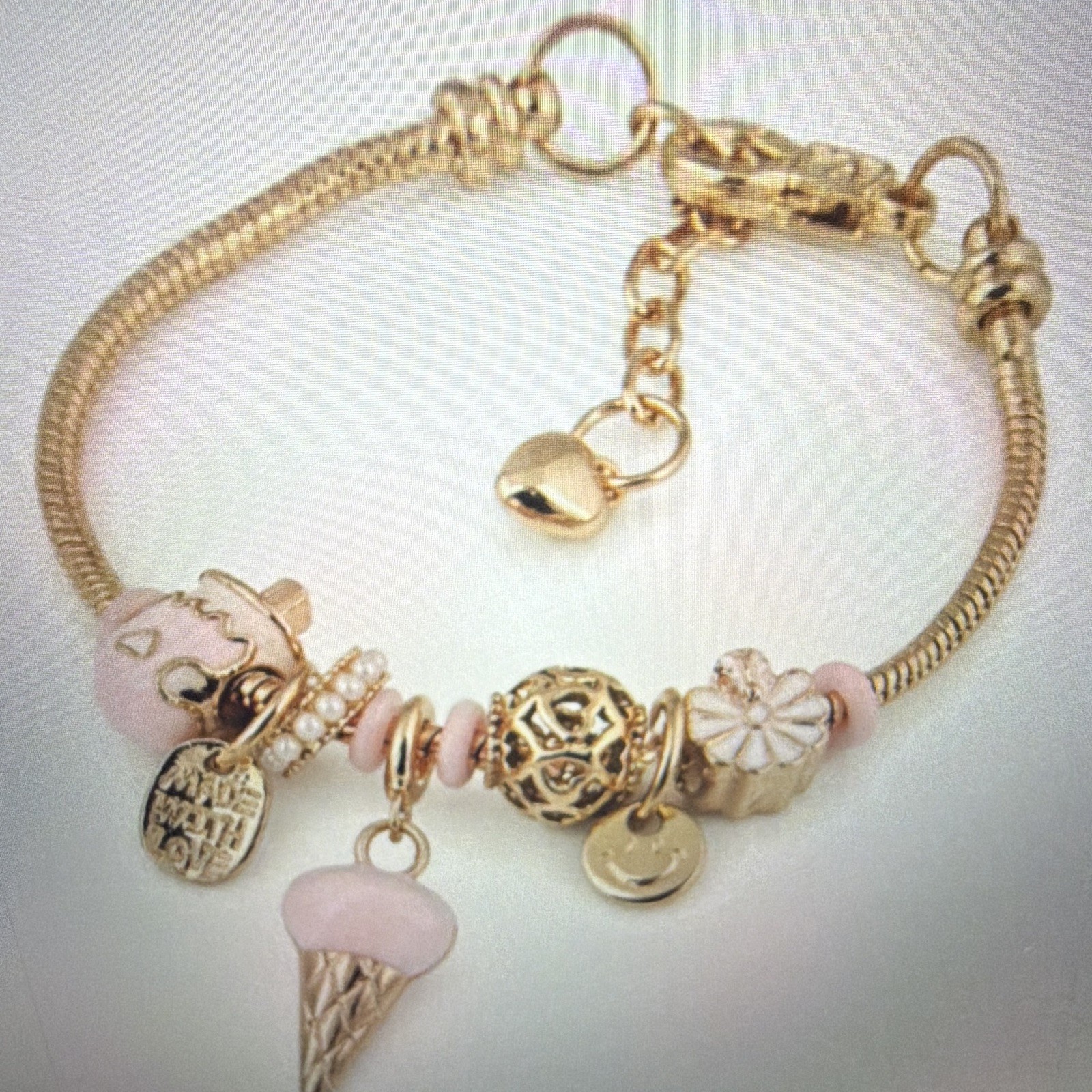Gold Tone Snake Chain Charm Bracelet Heart Dangle Pink Ice Cream Cone Lobster