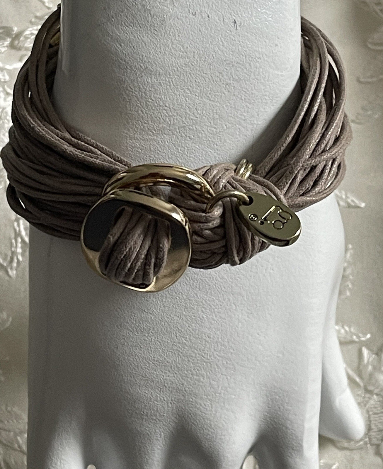 Gorgeous Gillian Julius 20 Silver/Gold Tube Taupe Cord Strand Bracelet
