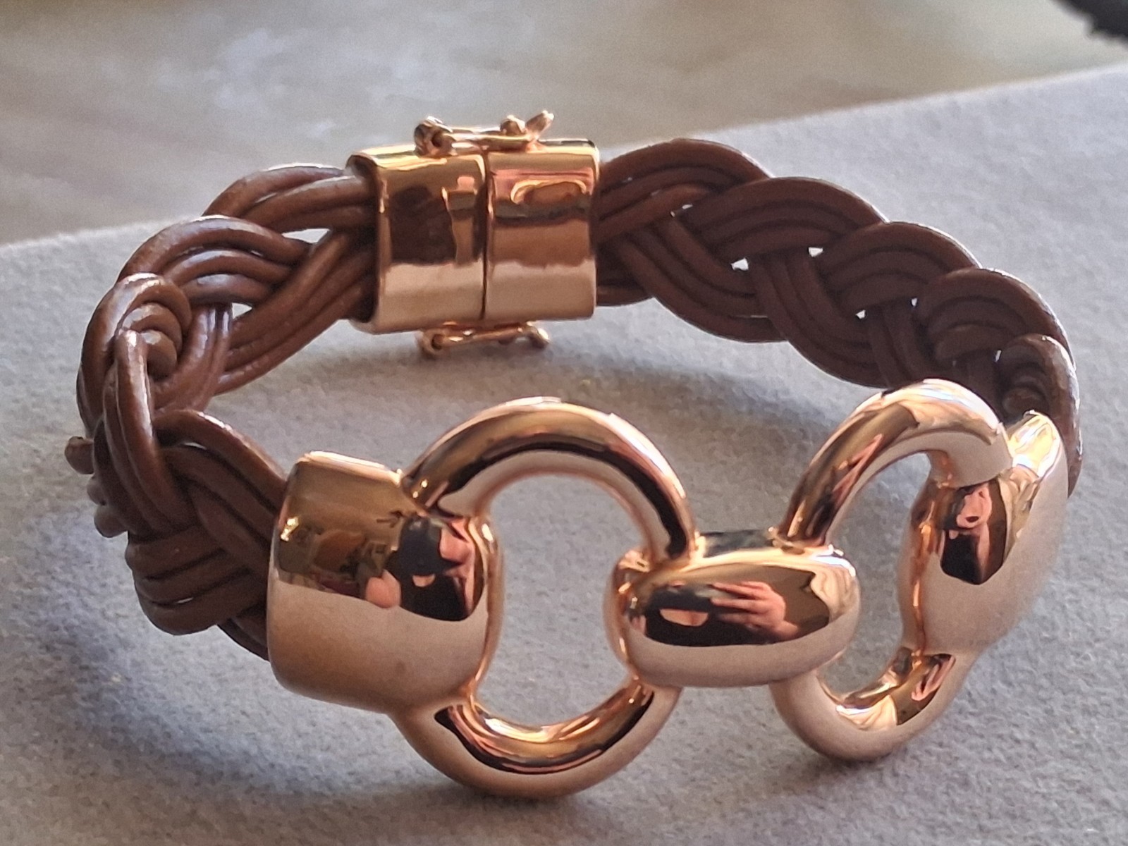 Milor Italy bronze interlocking motif braided leather bracelet 7.5″