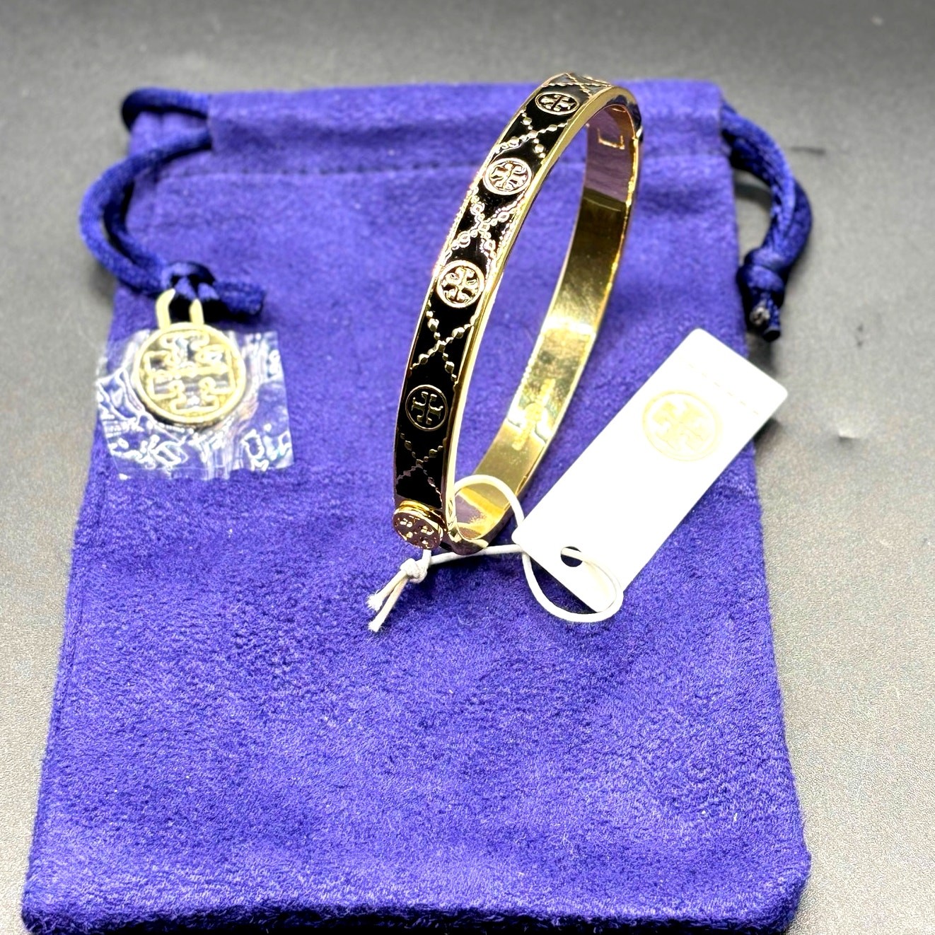 Tory Burch Icon Double T Black Gold Tone Hinged Women’s Bracelet NWT
