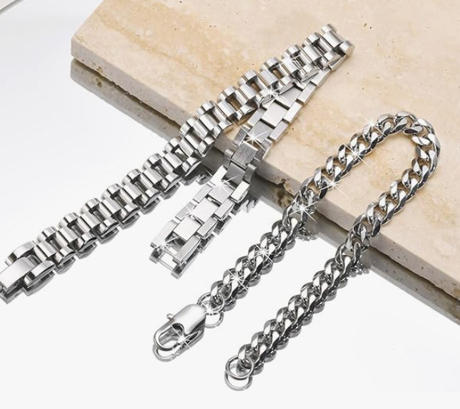 VNOX 2 Pcs Stainless Steel Cuban Link Chain Bracelets for Men and Women 6.5”