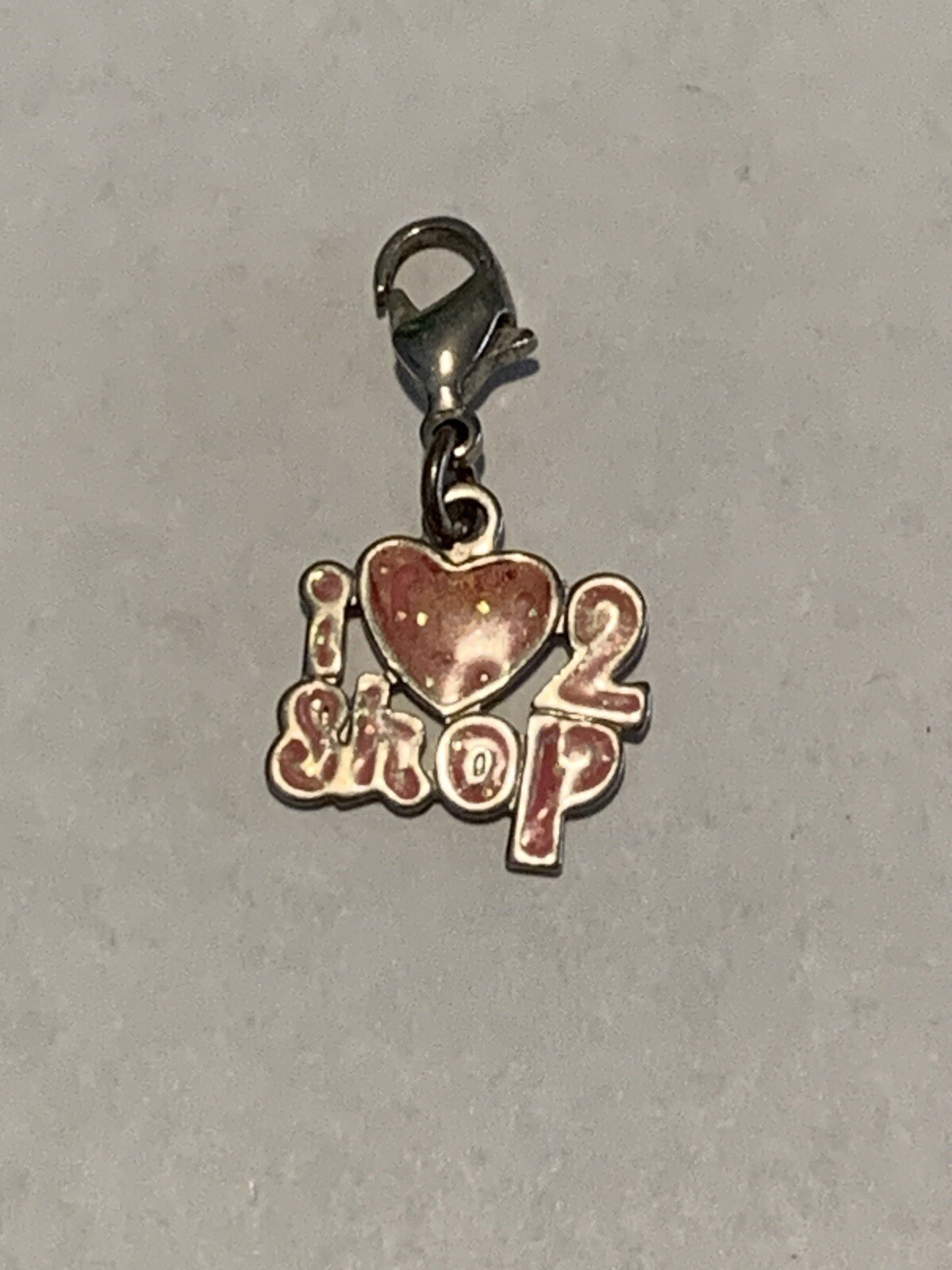 pink and white enamel “I❤️2 Shop” charm, silver tone, lobster hook, dangle charm