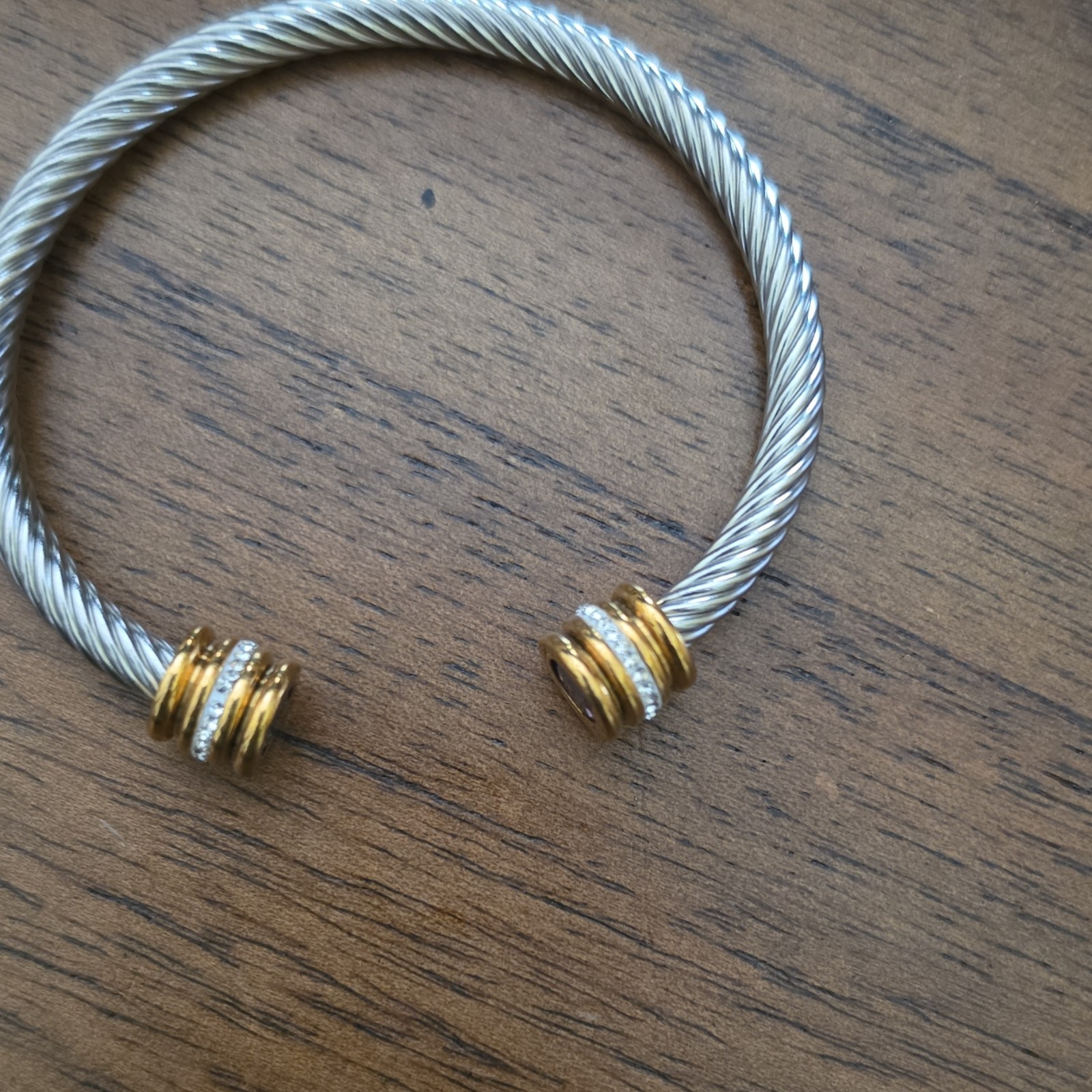Silver Tone Rope Cable Cuff Bracelet Gold Tone End Caps 2 Round Purple Stones