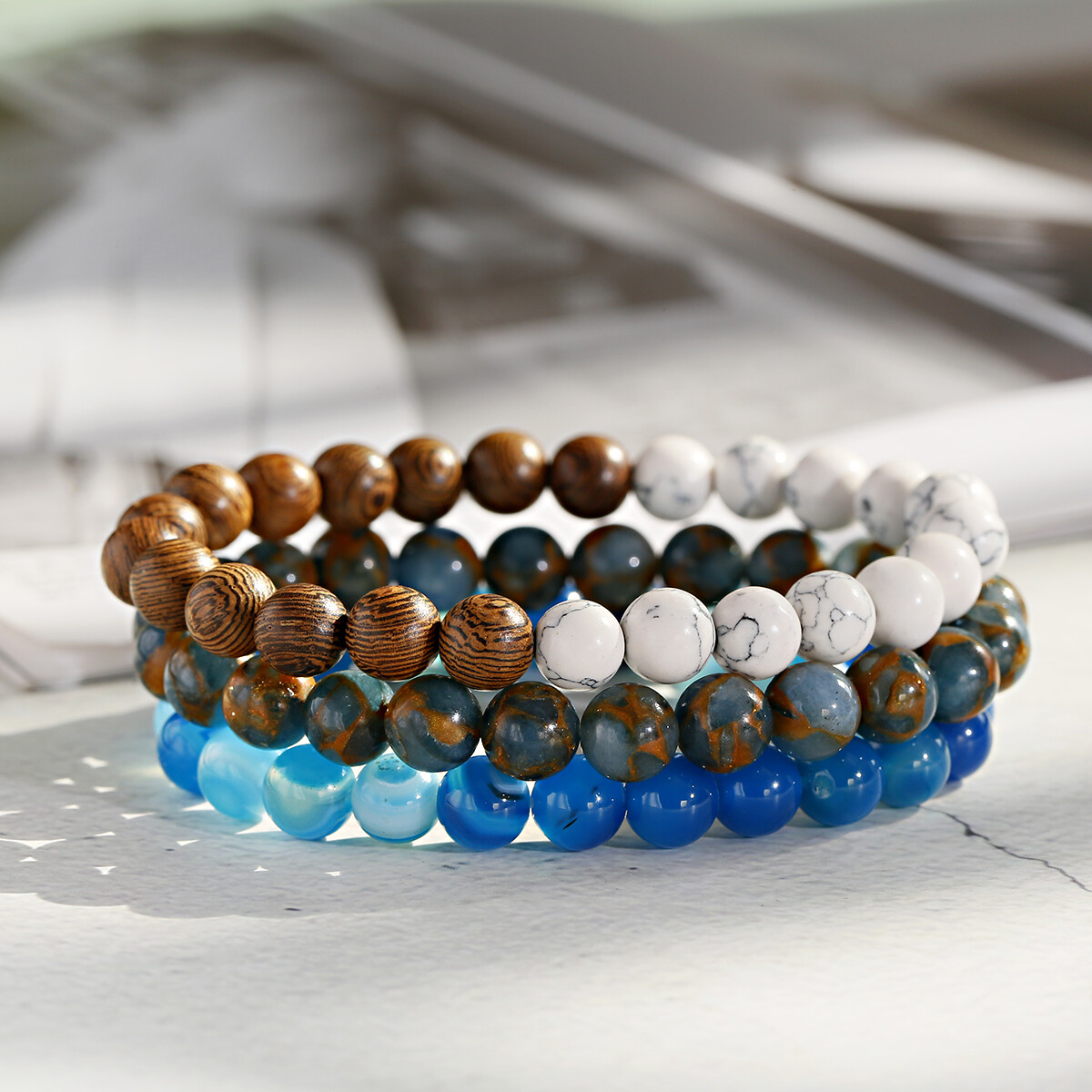3PCS Men Women Natural Gemstone Handmade Wood 8mm Round Beads Stretch Bracelets