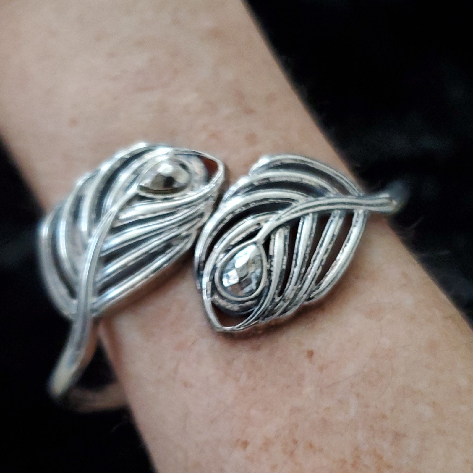 Silver Tone Leaf Swirl Hinged Cuff Bracelet Metal Nature No Stone