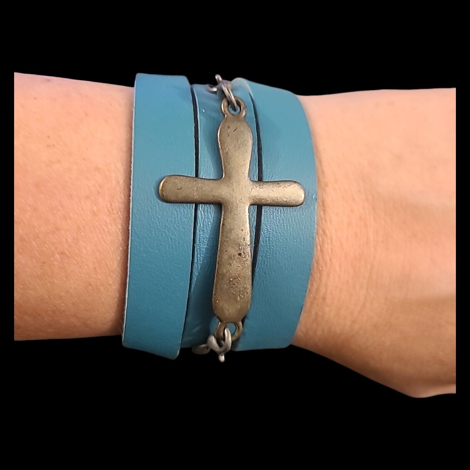 Blue Faux Leather Silver Tone Cross Wrap Bracelet 22″