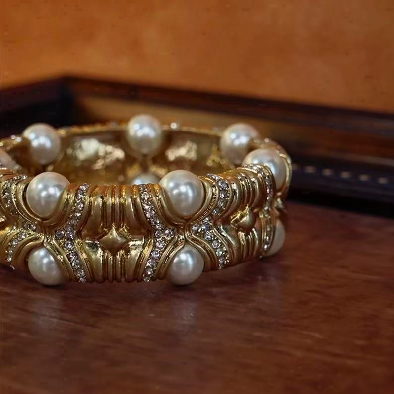 Vintage Pearl Gold Tone Bangle Bracelet Rhinestone Estate Statement