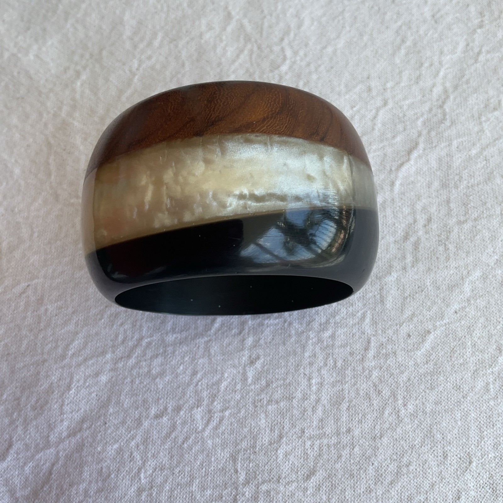 Wide Wood Resin Iridescent Shell-Like Center Inlay Cuff Bracelet Bangle Boho