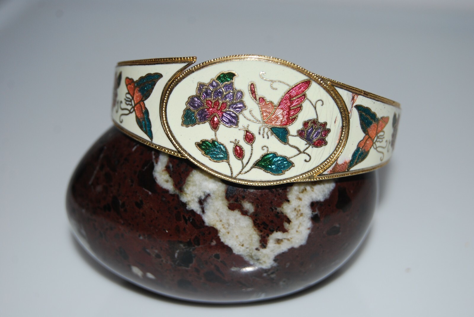 Vintage Enamel Cloisonne Or Champleve On Golden Metal Statement Hinged Bracelet