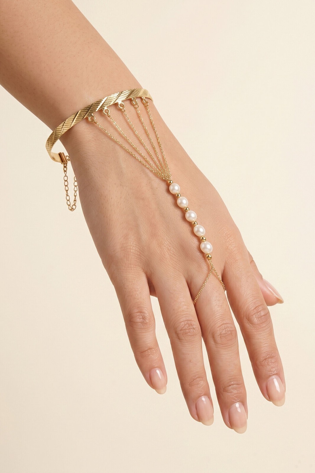 14K Yellow Gold Pearl Hand Chain Dainty Pearl Hand Link Chain Bracelet Gift Her