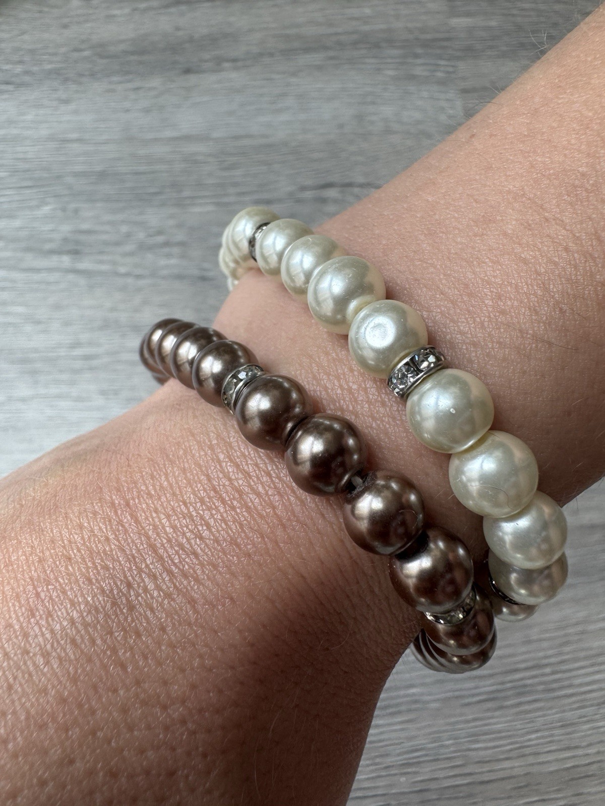Set 2 Faux Pearl Stretch Bracelets White & Bronze Brown Rhinestone Bridal Prom