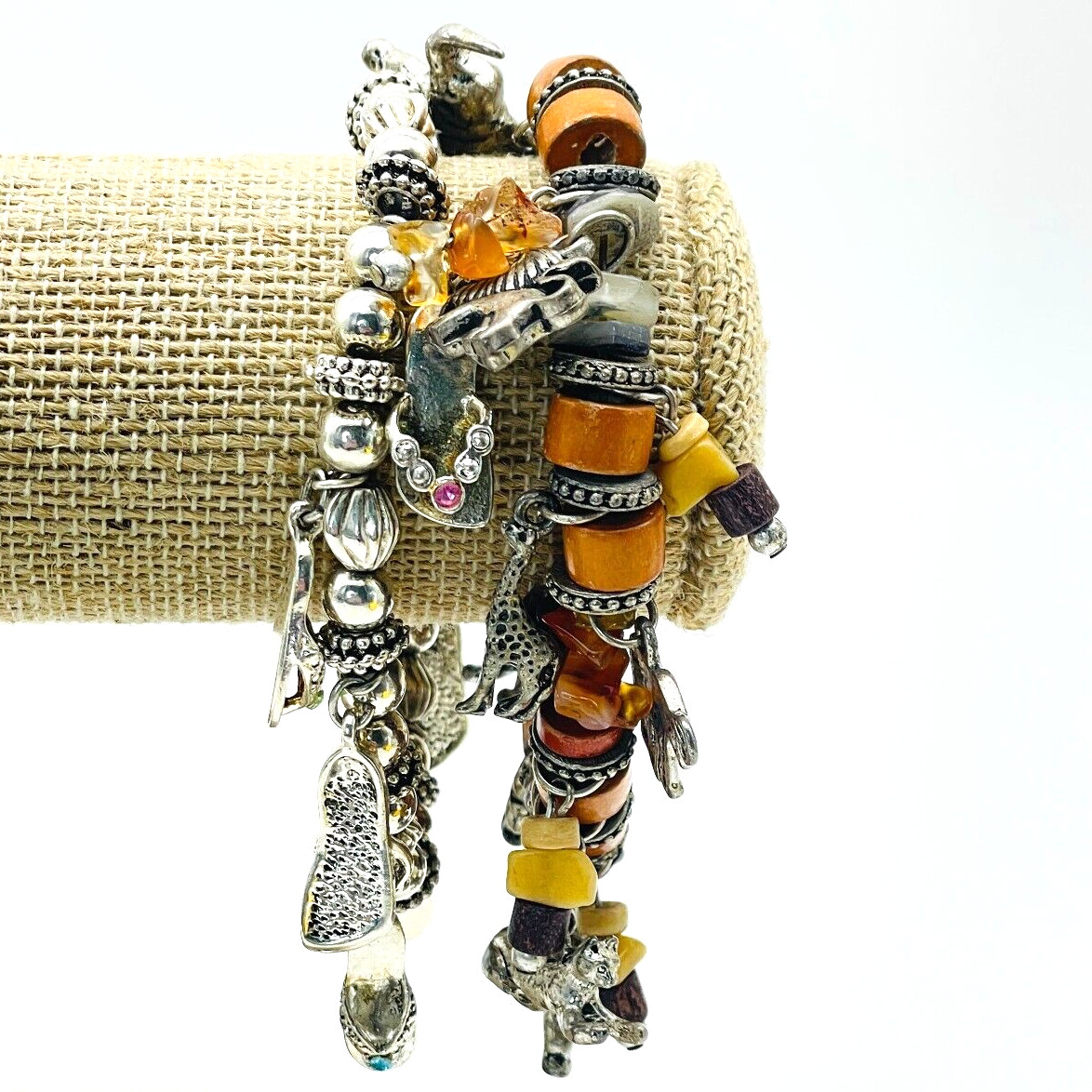 Charm Bracelet Lot of 2 Silver Tone Stretch Orange Beads Animals Shoes