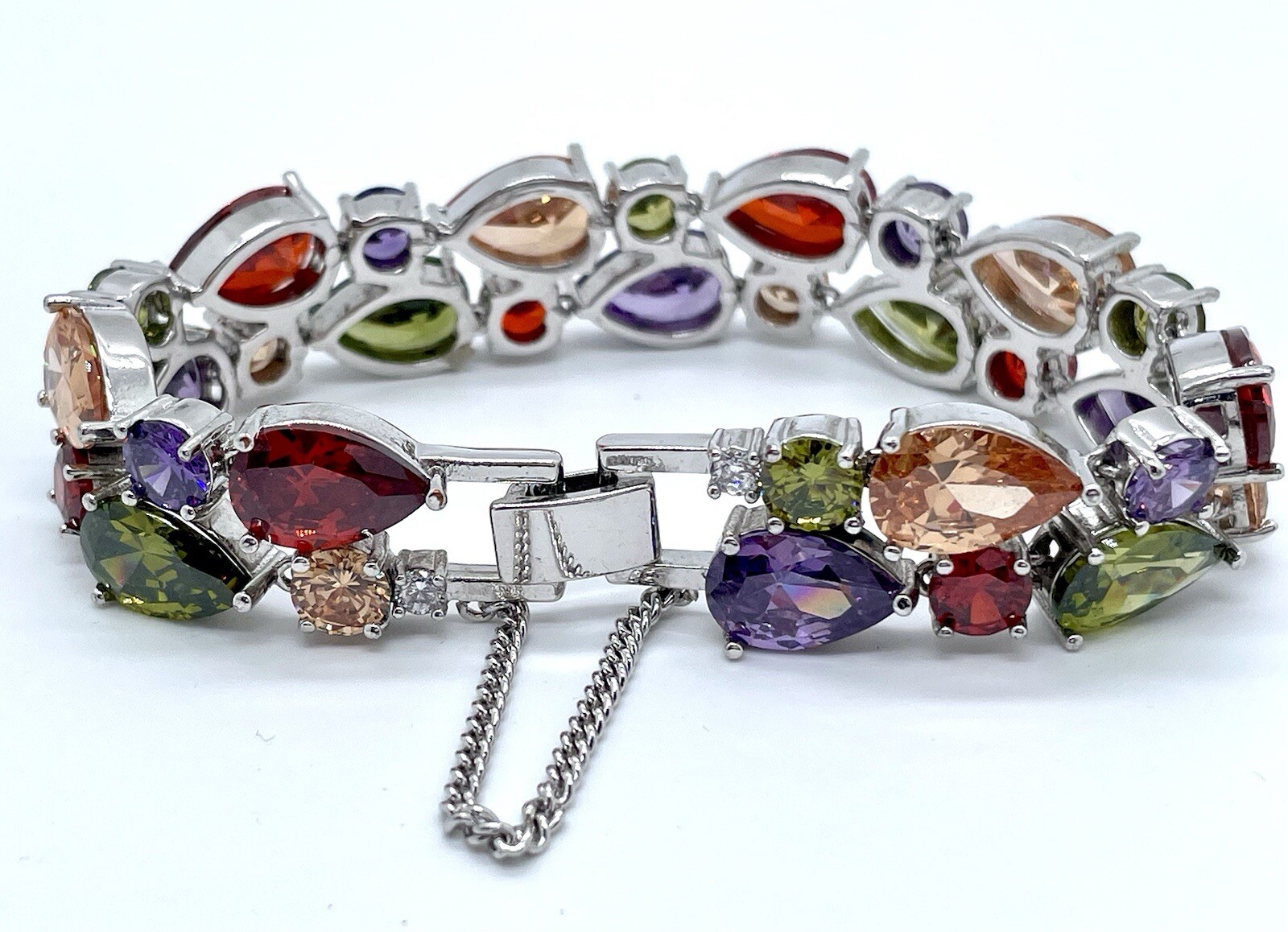 2 Layer Multi Color Sparkling Gemstone Bracelet 925 Bracelet w/Safety Chain