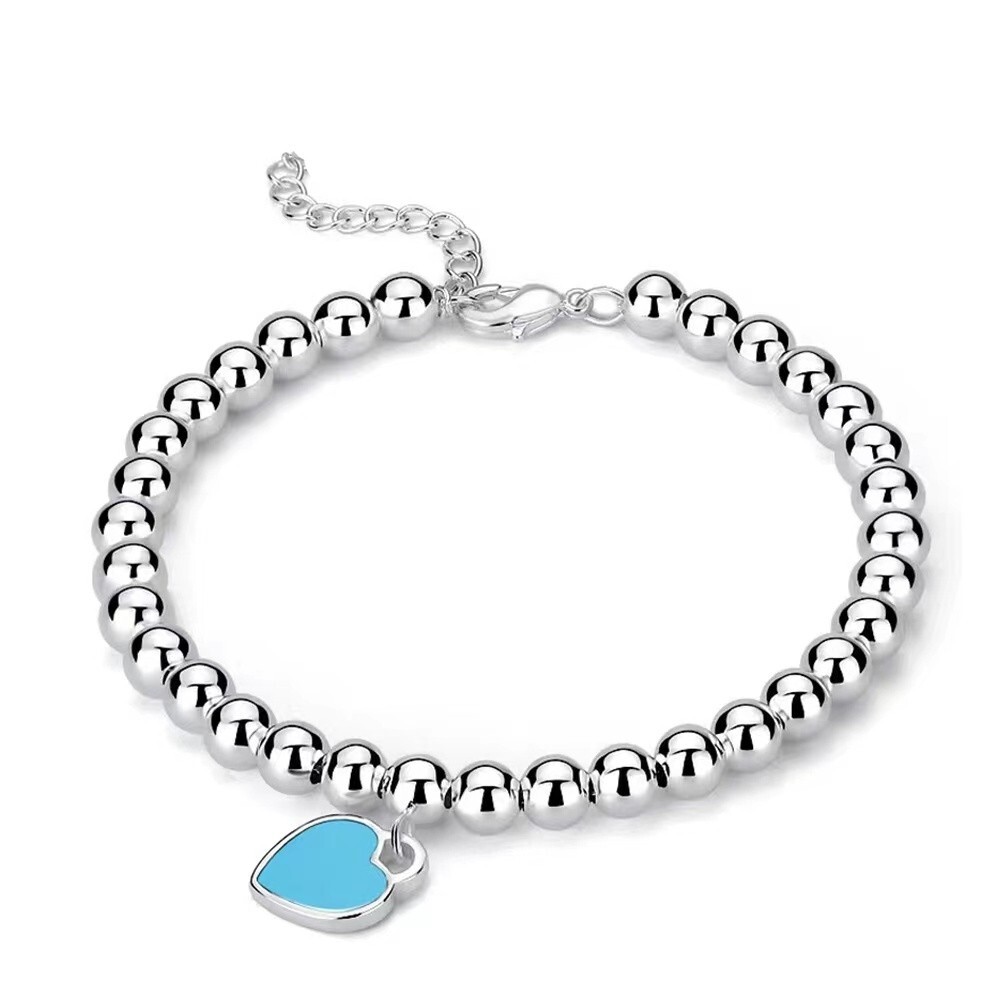 18K Gold Plated Heart Blue Onyx Beaded Charm Bracelet Women Jewelry