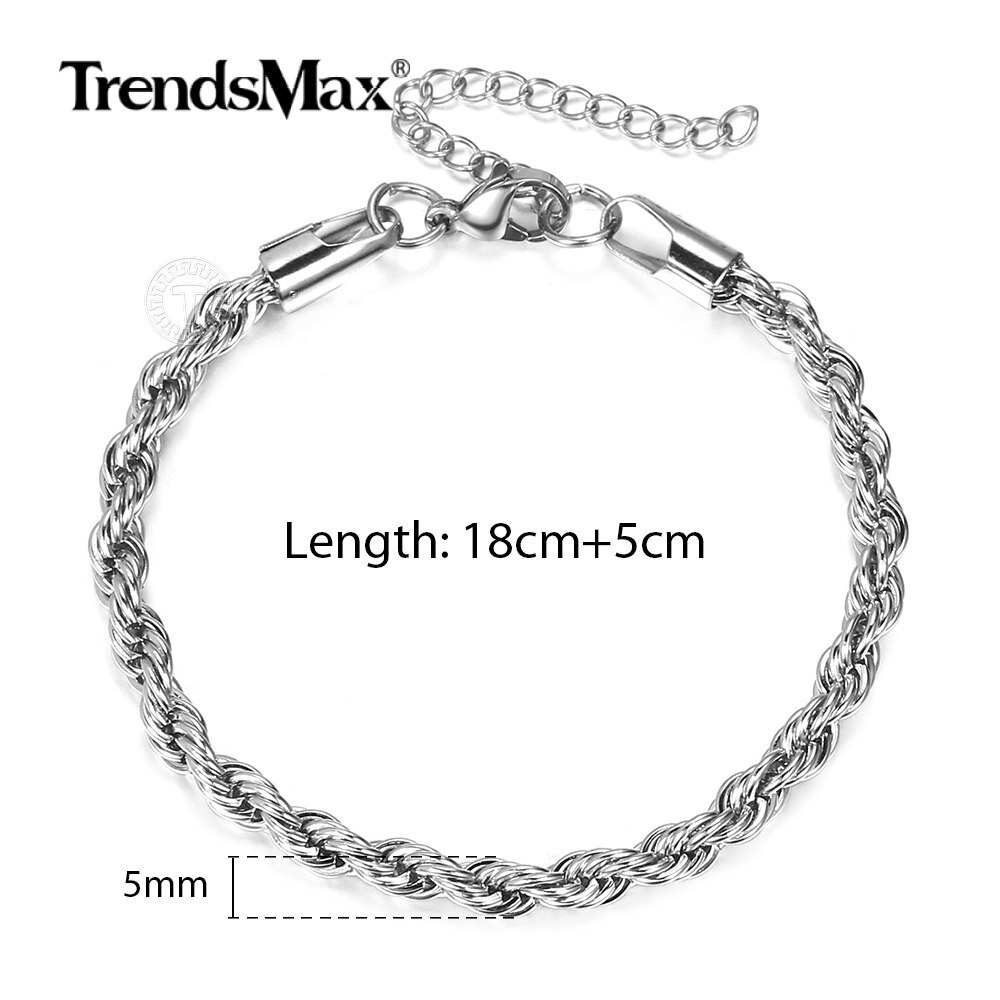 5MM Silver Stainless Steel Twisted Rope Link Chain Bracelet 7+2″ Extra Link
