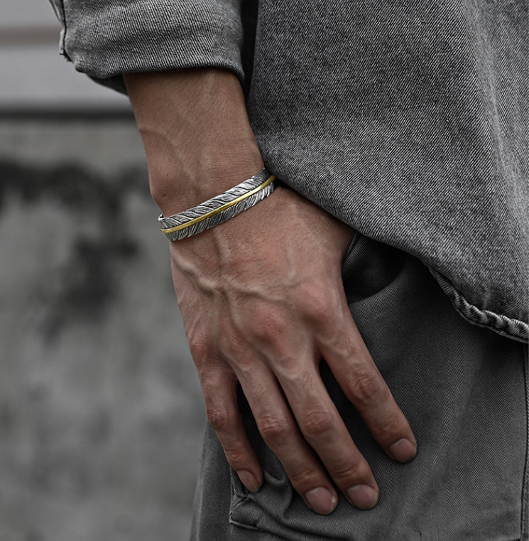 Men’s Silver Feather Adjustable Bangle Cuff Bracelet Fashion Retro Jewelry USA