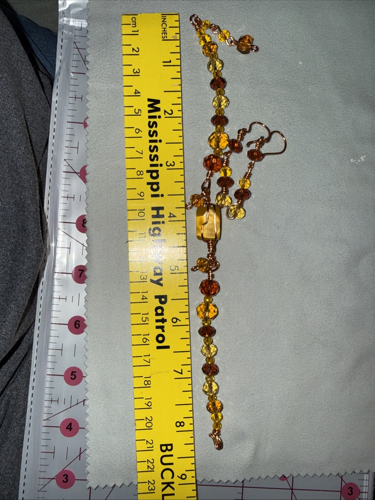 Mustard Yellow/ Orange- Brown Striped Heart Bracelet And Earrings Rose Quartz
