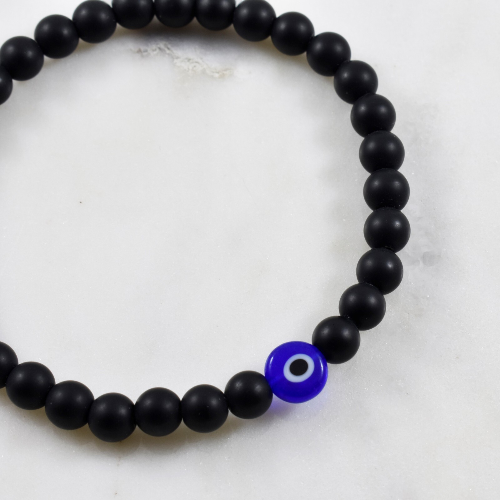 Evil Eye Black Agate Stone Bead Greek Turkish Stretch Elastic Mens Bracelet