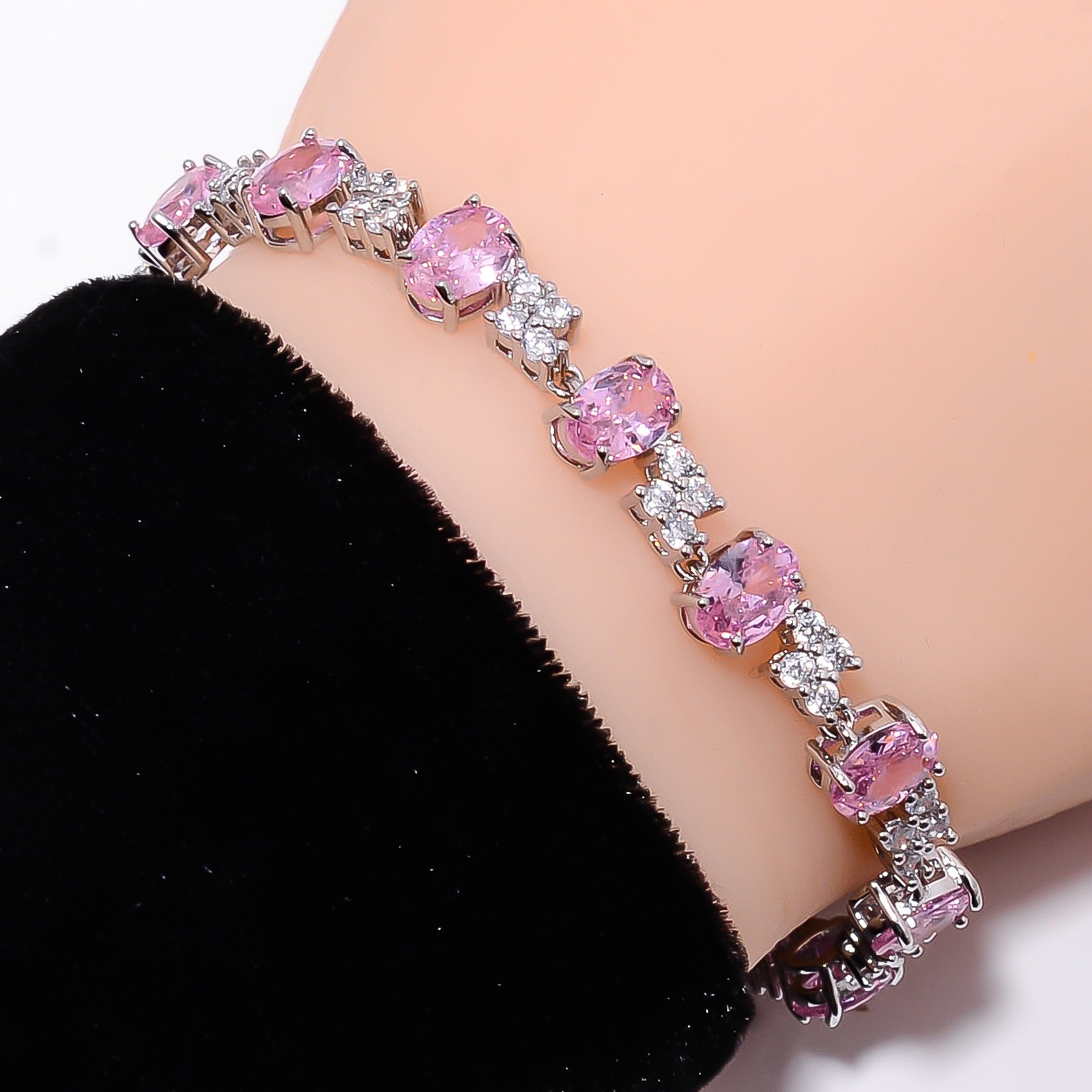 Pink Sapphire -Simulated, CZ 925 Sterling Silver Adjustable Bracelet 7-8″ B1518