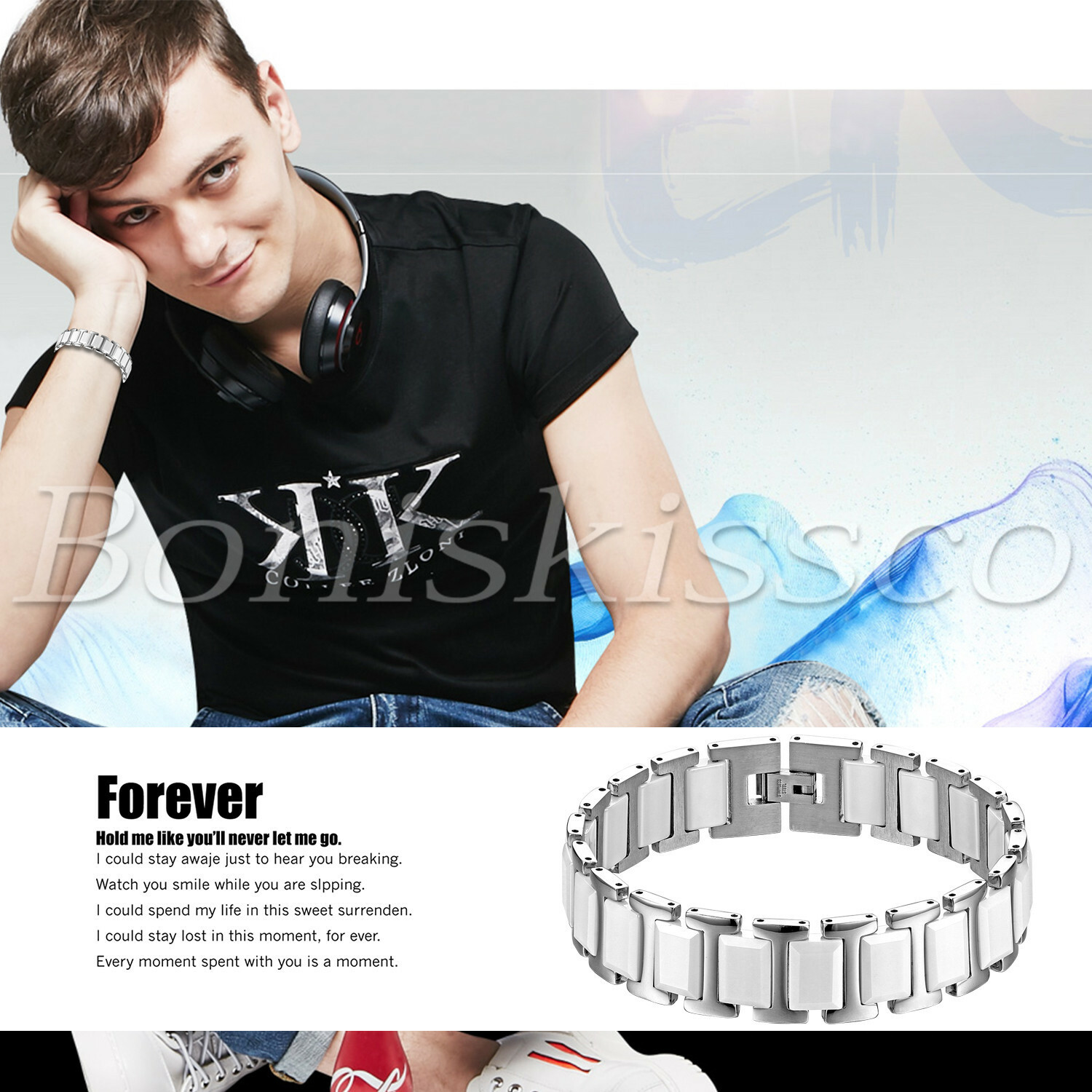 16MM Heavy Wide Ceramic Stainless Steel Link Healthy Wrist Bracelet Gift For Men