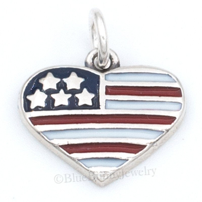 United States Flag Charm Pendant 925 Sterling Silver Enamel US Heart charm .925